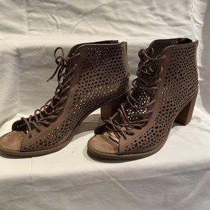 Taupe lace-up booties. Zip in back. Super cute on!